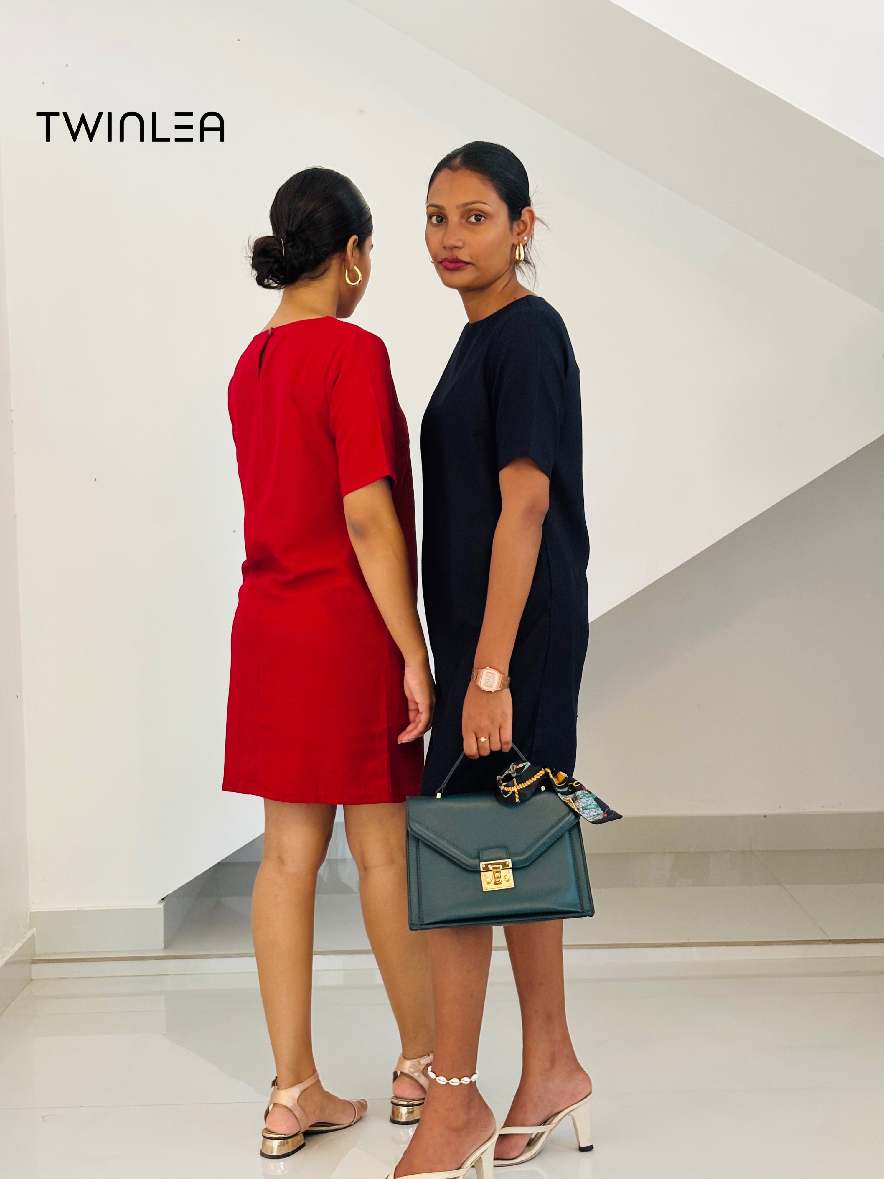 Minimalist Shift Dress - Navy Blue and Red