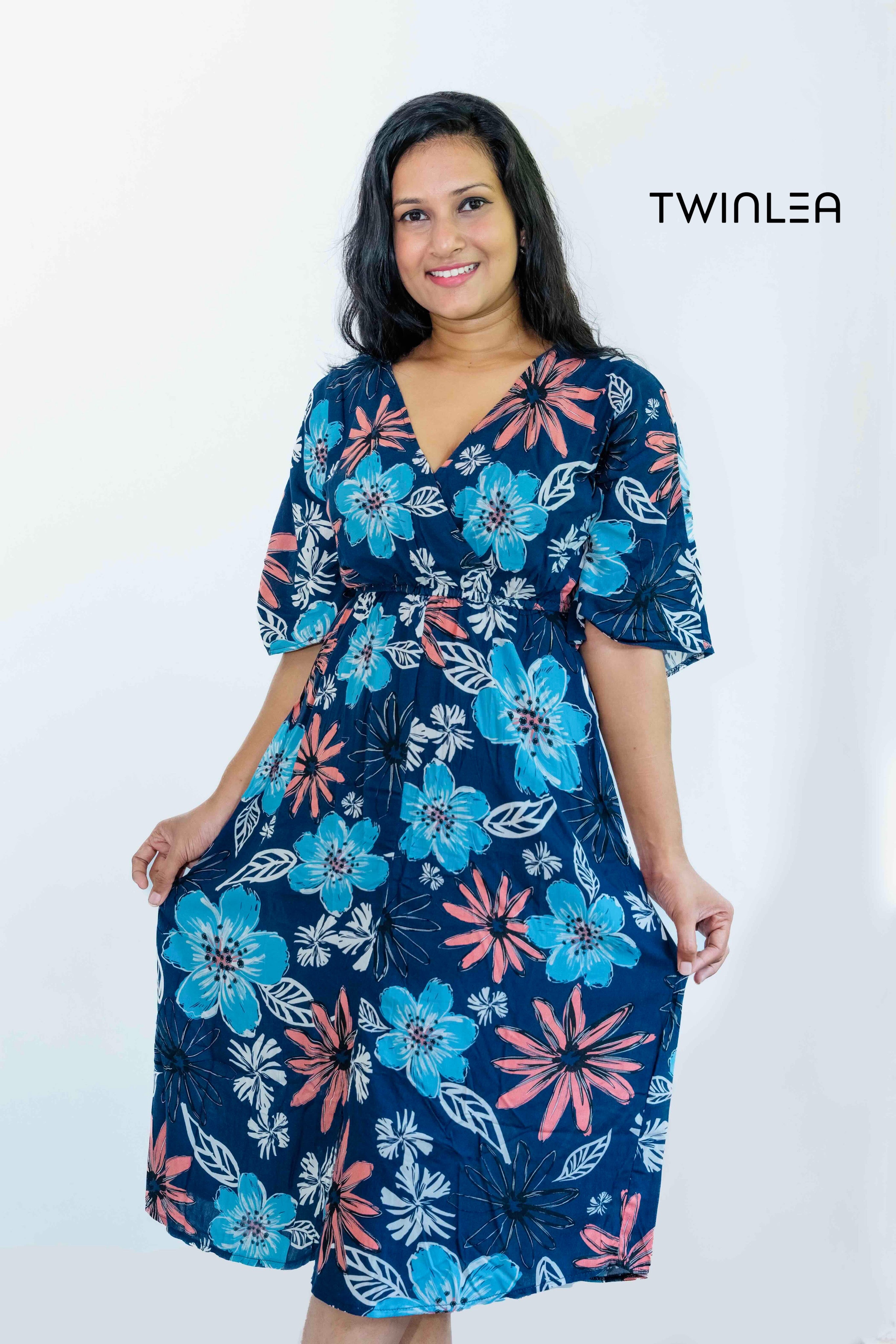 Navy Blue Blossom Wrap Dress