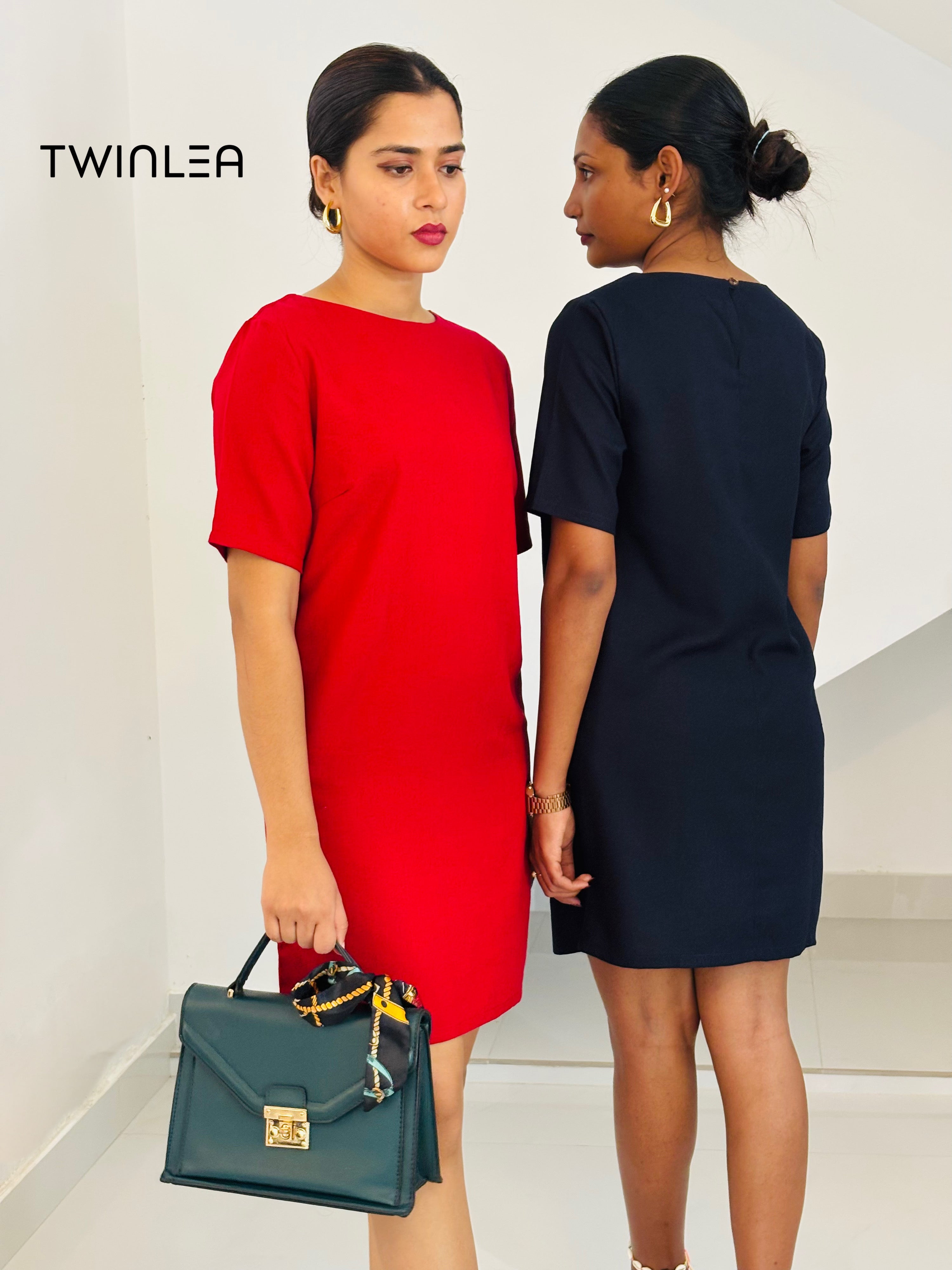Minimalist Shift Dress - Navy Blue and Red