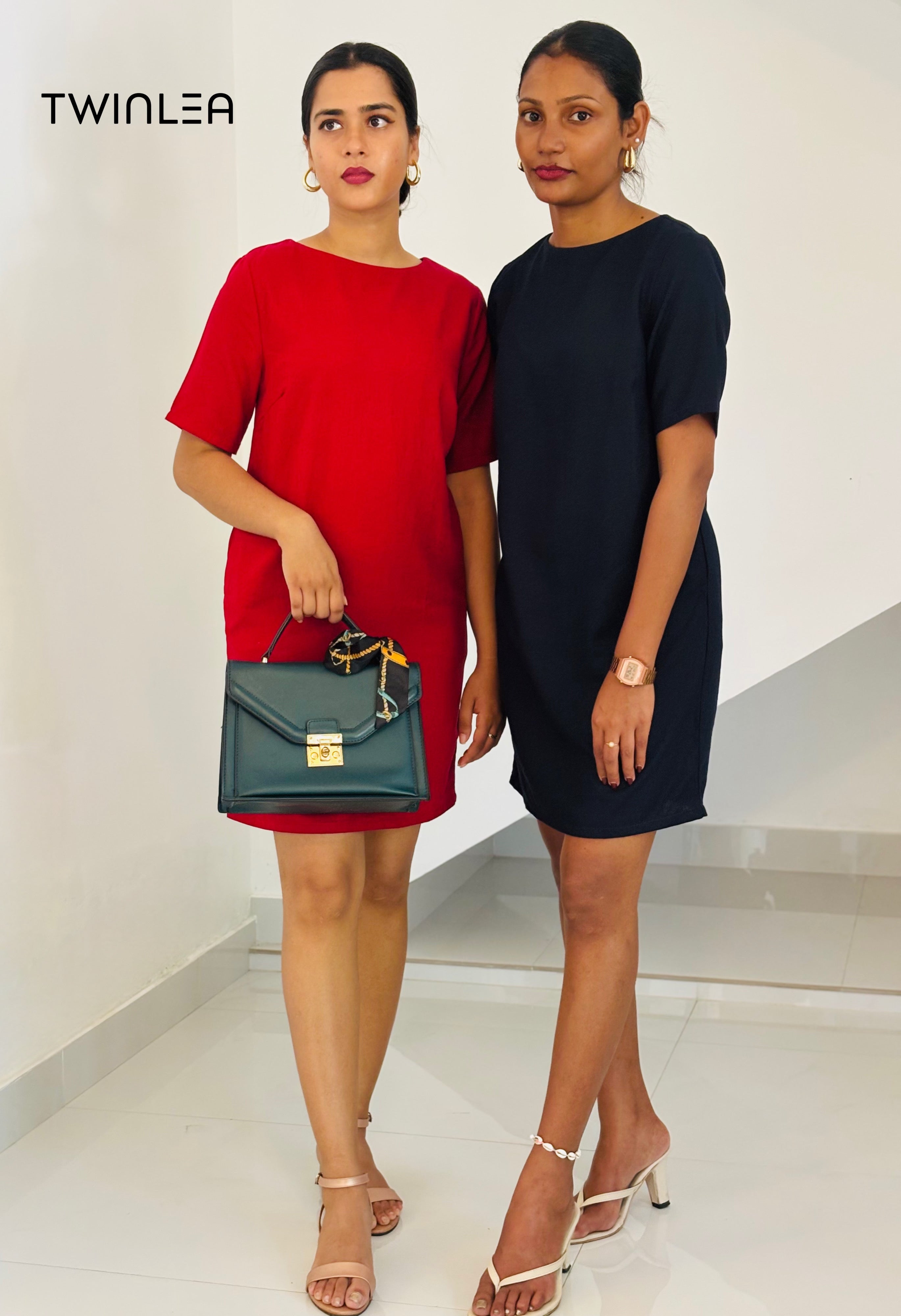 Minimalist Shift Dress - Navy Blue and Red